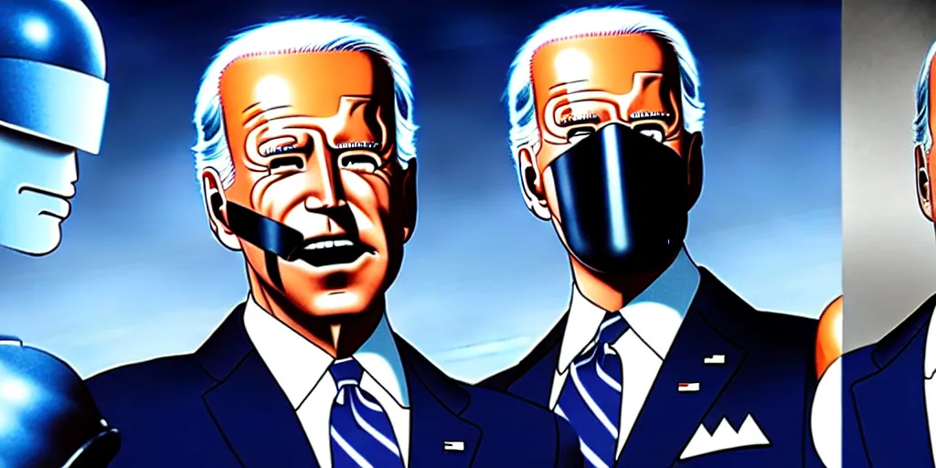 Image similar to 1 : 1 joe biden as robocop, cinematic scene, studio ghibli movie