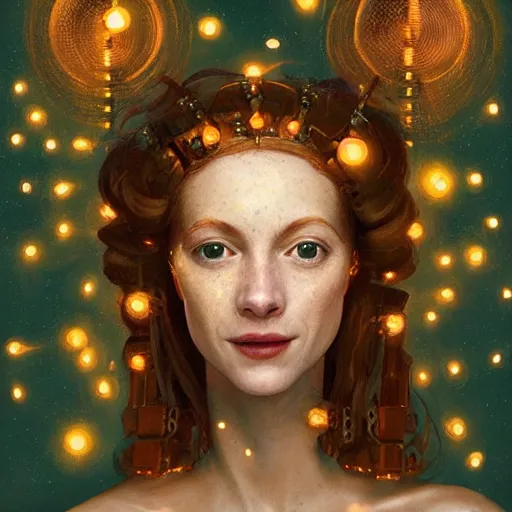 Image similar to a totally amazed smiling pretty robot surrounded by golden firefly lights in a mesmerizing scene, fully covering intricate detailed bohemian outfit, long loose red hair, precise linework, accurate green eyes, small nose with freckles, beautiful smooth oval head, expressive emotions, hyper realistic ultrafine portrait by artemisia gentileschi, jessica rossier, greg rutkowski, artgerm