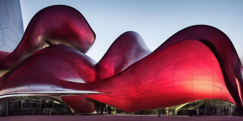 Prompt: extremely detailed ornate stunning sophisticated beautiful elegant futuristic museum exterior by Zaha Hadid, stunning volumetric light, stainless steal, concrete, translucent crimson red material, beautiful sunset, tail lights