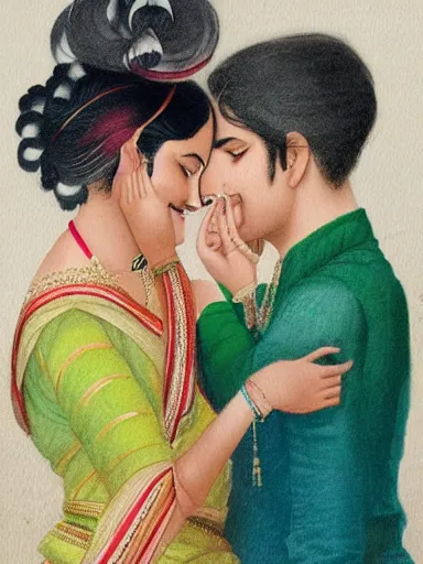 Image similar to water color painting, artwork by raja ravi varma, of a solo individual portrait of a guy and a girl kissing, dapper, simple illustration, nostalgic, in love, full of details