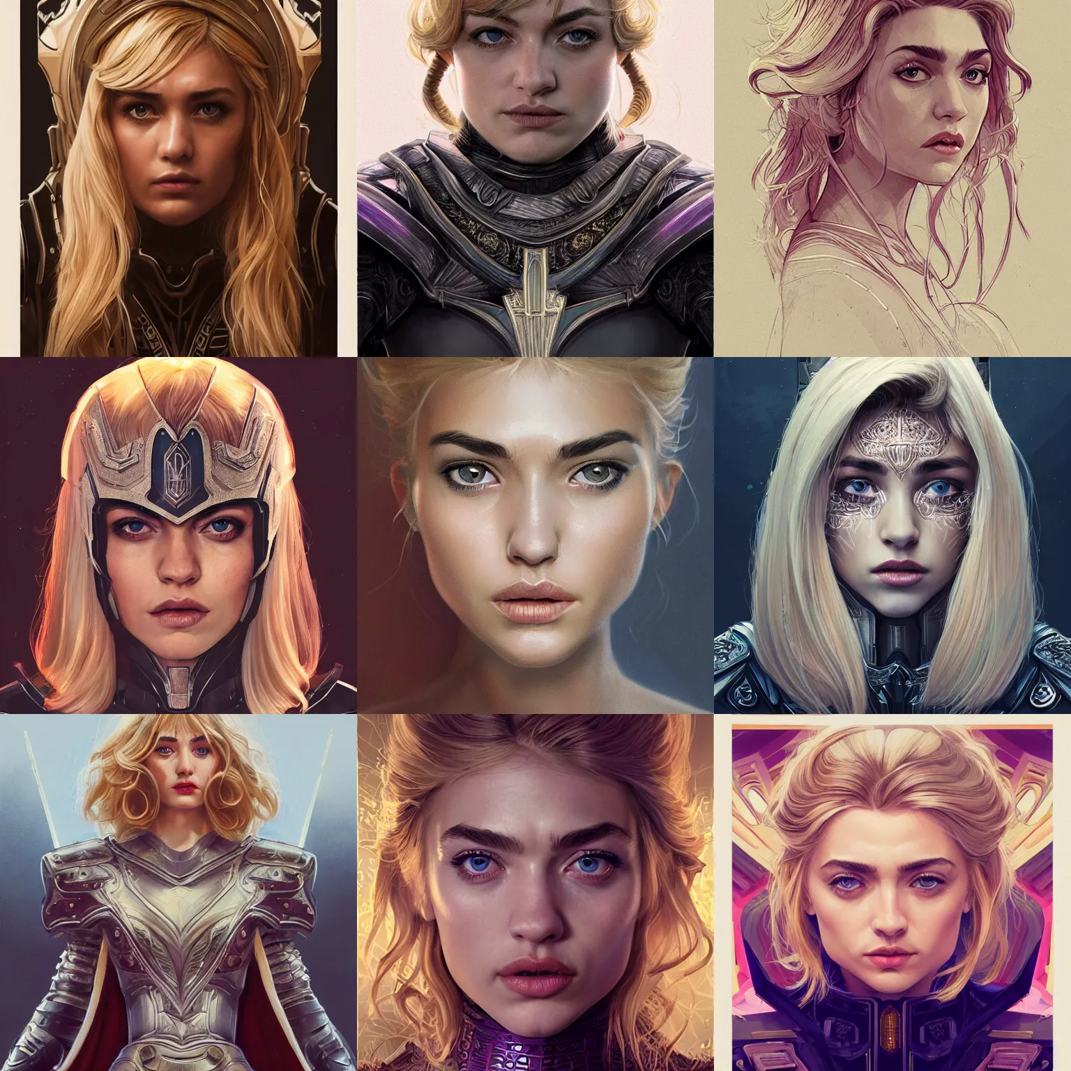 Prompt: front facing symmetrical centered portrait, Imogen Poots as a Paladin, blonde hair, beautiful retro Fantasy heroine 1985, movie poster, intricate, elegant, highly detailed, centered, digital painting, trending on artstation, concept art, smooth, sharp focus, illustration, art by raphael lacoste, eddie mendoza, alex ross, WLOP