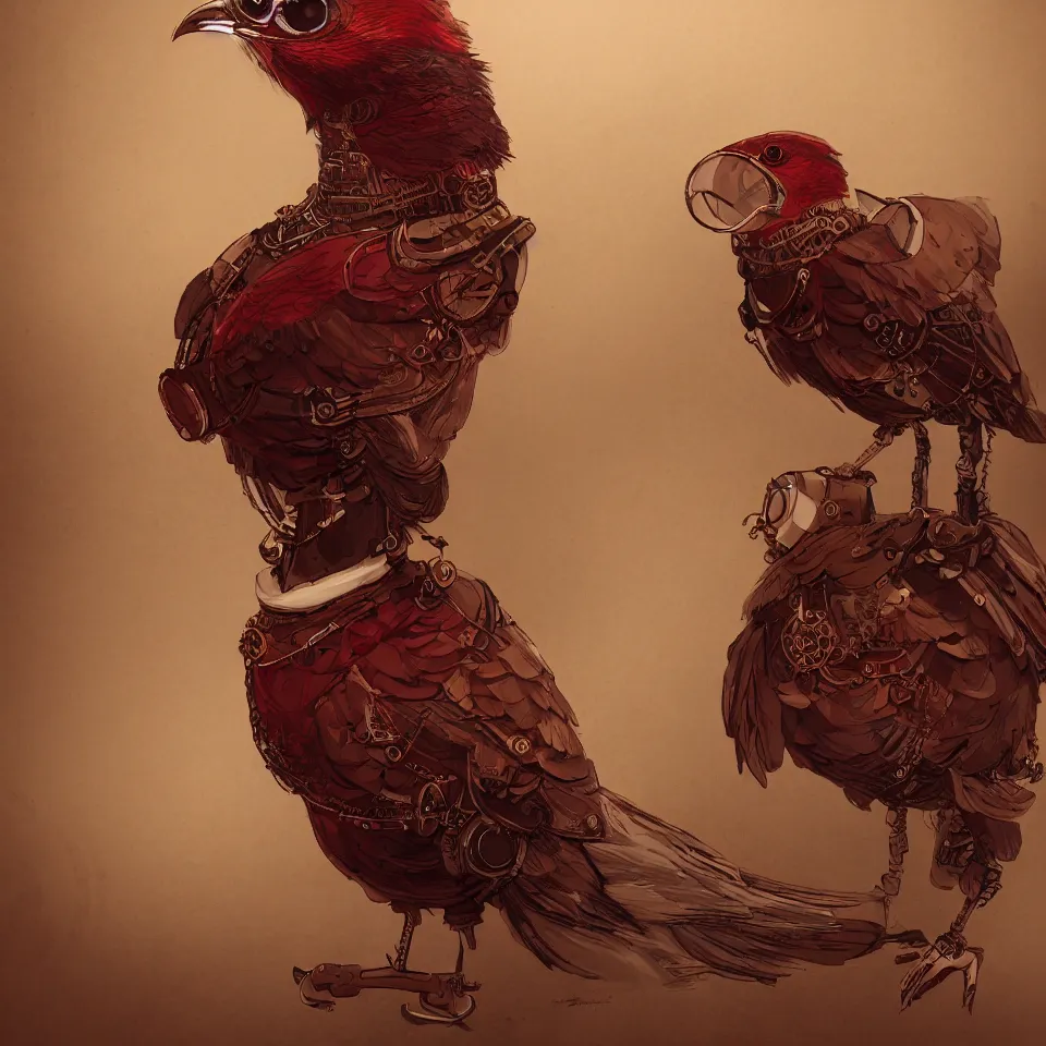 Prompt: a detailed concept art steampunk of a bust bird, gradient dark red, cream and white color scheme, dynamic lighting, cinematic, epic composition, masterpiece
