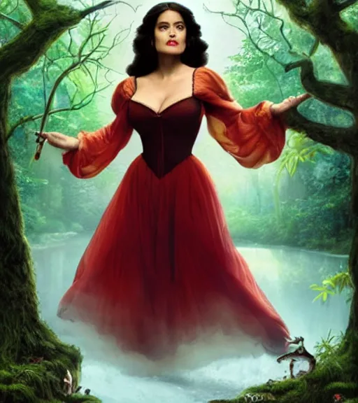 Image similar to film still of Salma Hayek as snow white in a forest by a pond with frogs, by artgerm, makoto sinkai, magali villeneuve, Gil Elvgren, Earl Moran,Enoch Bolles, symmetrical,