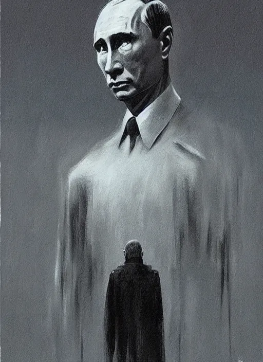 Image similar to Painting in a style of Beksinski featuring Vladimir Putin