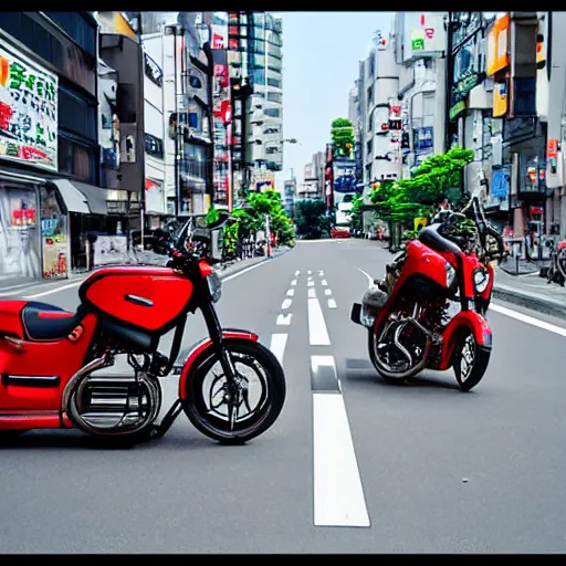 Prompt: ”motorcycle with three wheels in tokyo street, akira style”