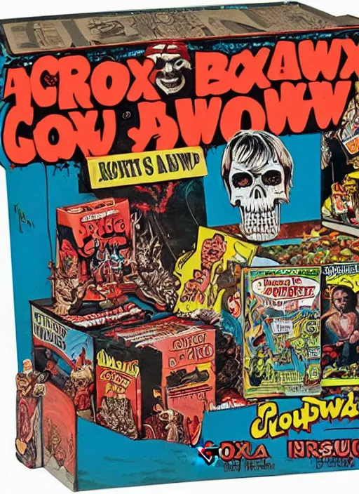 Image similar to a box of creepshow ( 1 9 8 2 ) cereal, 1 9 8 0's, highly detailed