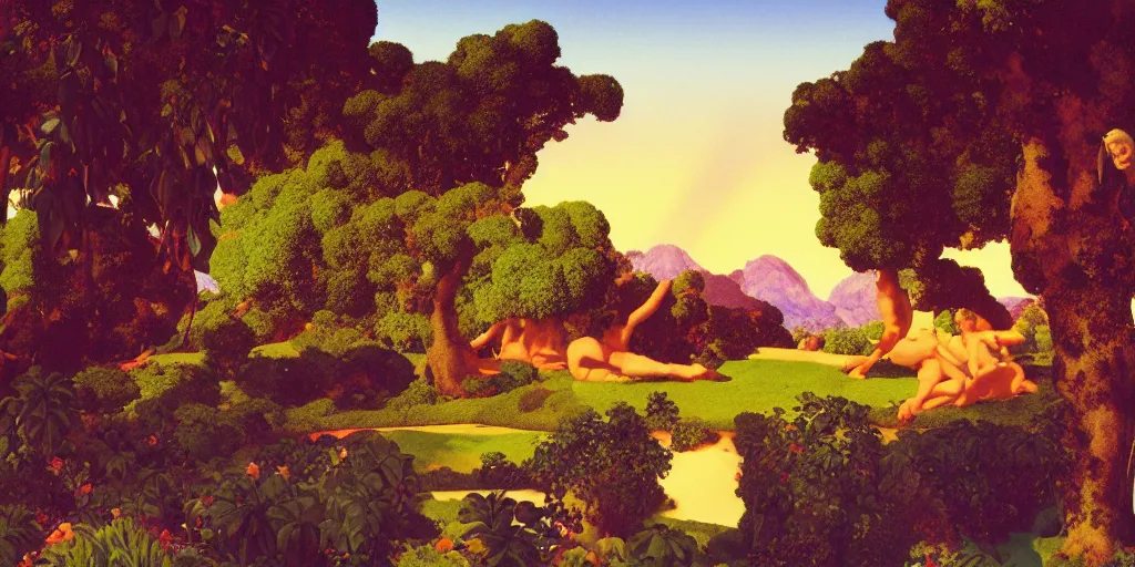 Image similar to a landscape of the Garden of Eden by Maxfield Parrish in a vaporwave style, digital art 8k