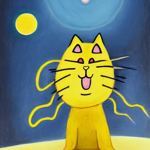 Prompt: a beautiful painting about a blindfolded cat rising the yellow flag by hands summons a ufo.