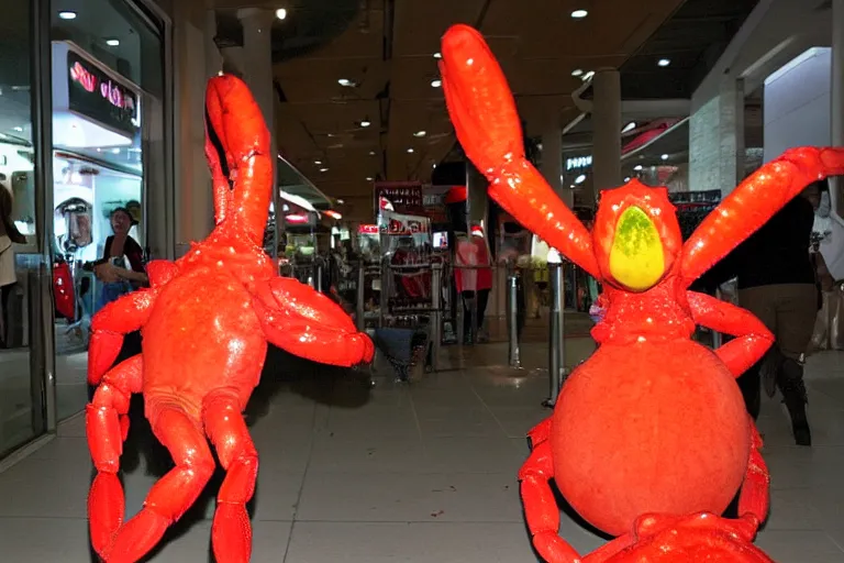 Prompt: woman dressed up like a cute crab, in 2 0 0 2, at a mall, street style, royalcore, low - light photograph, photography by tyler mitchell