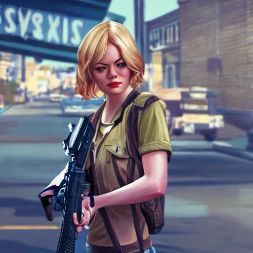 Image similar to emma stone in gta v holding an ak - 4 7, cover art by stephen bliss, artstation, no text