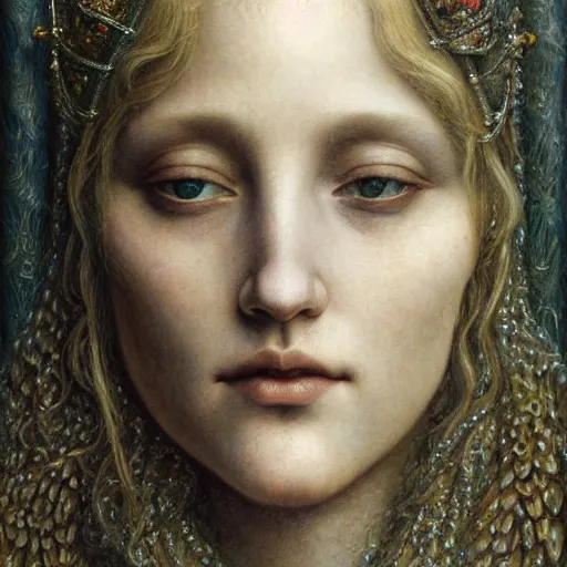 Prompt: detailed realistic beautiful young medieval queen face portrait by jean delville, brooke shaden, gustave dore and marco mazzoni, art nouveau, symbolist, visionary, gothic, pre - raphaelite, ornate gilded medieval icon