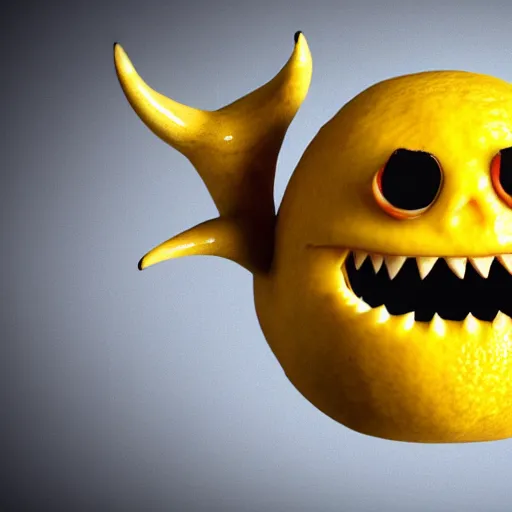 Prompt: realistic photo of a lemon with an evil smile, sharp teeth, black eyes and red demon horns, lemon demon