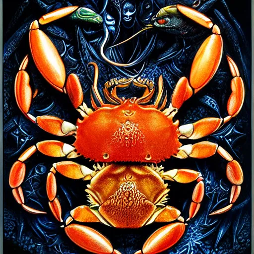 Image similar to detailed and sharp crab zodiac artwork, mystic style, detailed, 8 k, detailed, symmetrical, by brian froud