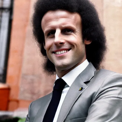 Prompt: macron with afro hair, 70s style fashion