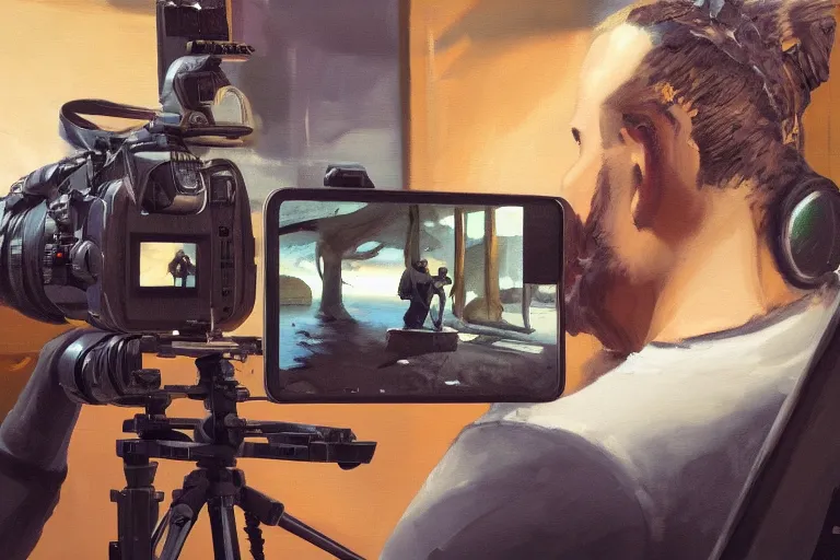 Image similar to a stunning illustration of a content creator recording a video with vlogging equipment, trending on artstation, oil on canvas, hd, 4 k