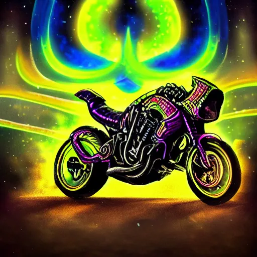 Image similar to psychedelic blacklight neon airbrush artwork, motorcycle, hyper stylized action shot of an orc popping a wheelie on a motorcycle, menacing orc, clear focused details, soft airbrushed artwork, black background, apocalyptic, cgsociety, artstation, peter lloyd art, peter palombi art