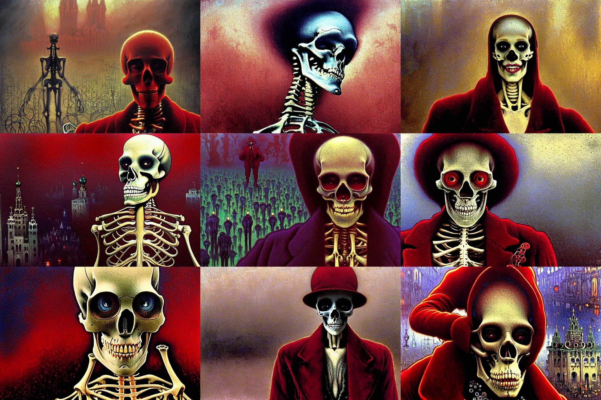 Prompt: realistic extremely detailed movie still closeup portrait shot of a single skeleton wearing crimson velvet blazer in a foggy crowded futuristic moscow street by denis villenueve, amano, yves tanguy, alphonse mucha, ernst haeckel, jean delville, ilya repin, edward robert hughes, andrei tarkovsky, roger dean, rich moody cold colours, closeup