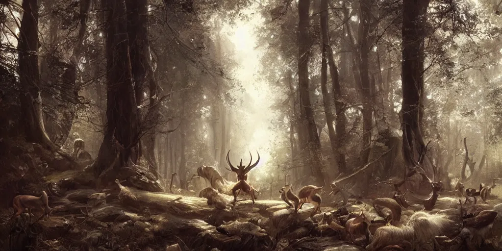 Image similar to 'wood-elf surrounded by animals in the woods, art by Greg Rutkowski, 4k'