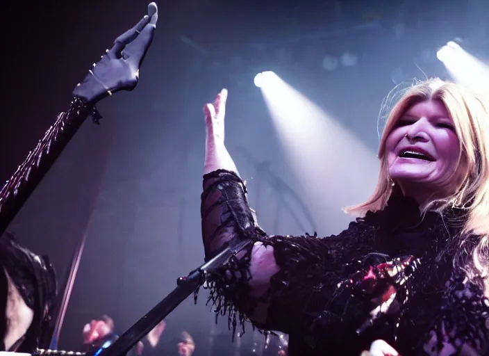 Prompt: publicity photo still of martha stewart in cradle of filth playing live on stage, 8 k, live concert lighting, mid shot