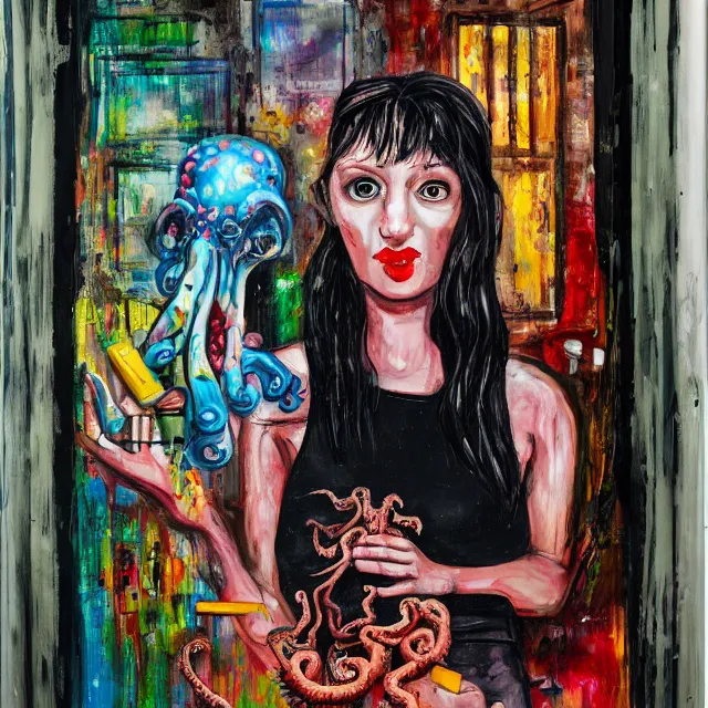 Image similar to a portrait in a dark apartment, city through a window, a female art student holding an octopus, milk puddles, berries, broken bottles, metaphysical, neo - expressionism, surrealism, acrylic and spray paint and oilstick on canvas