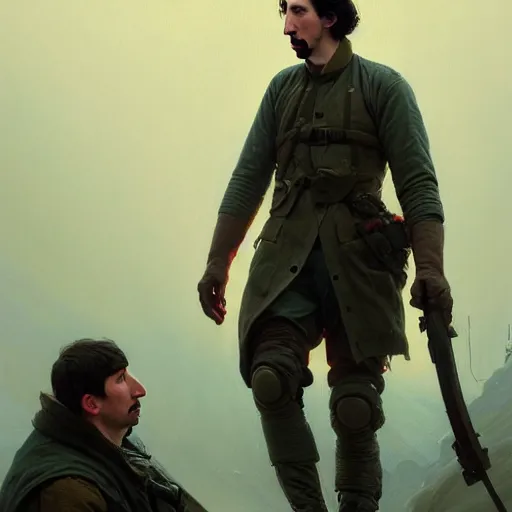 Image similar to portrait of adam driver helping a wounded john oliver, standing together, stoic, full body, military uniform, battle, war, cinematic lighting by darek zabrocki and greg ruthkowski, alphonse mucha, simon stalenhag and cinematic and blue cold atmospheric, concept art, artstation, trending on artstation - w 8 3 2