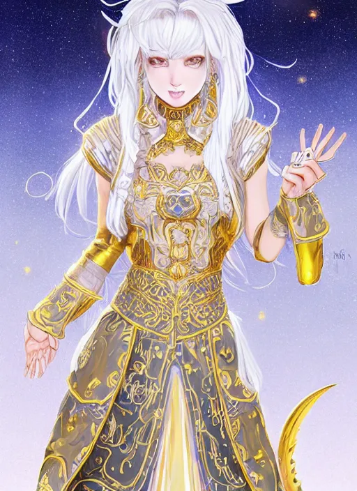 Image similar to commissioned full body portrait of a female anthro werewolf princess fursona with white hair wearing a white and gold Chinese armored dress in a white and gold palace on a starry night with a large crescent moon, by a professional manga illustrator, Stanley Artgerm Lau, WLOP, Rossdraws, James Jean, Andrei Riabovitchev, Marc Simonetti, and Sakimichan, trending on artstation