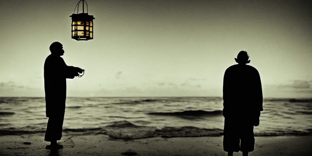 Image similar to film still of closeup old man holding up lantern by his beach hut at night. pirate ship in the ocean by emmanuel lubezki