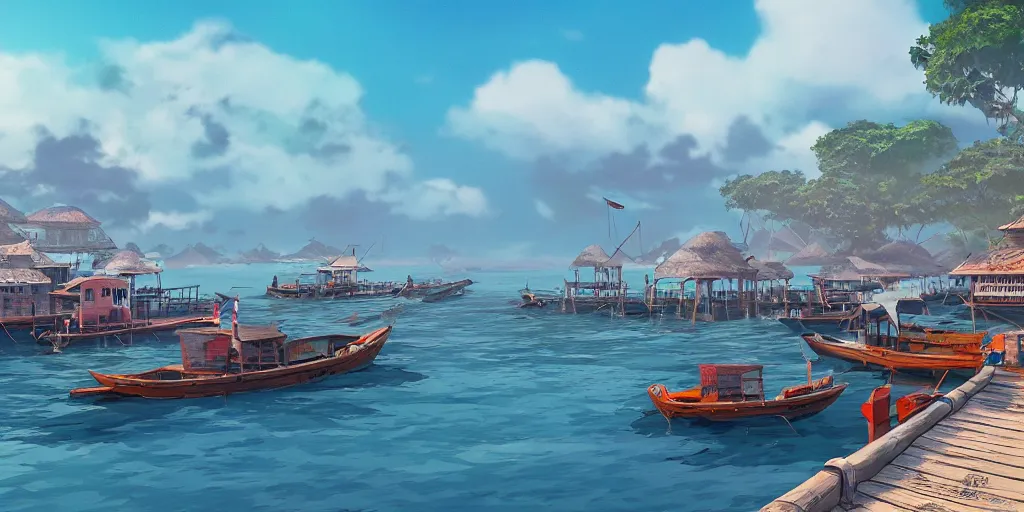 Image similar to pulau indah jetty fishing town in the morning, detailed matte painting, studio ghibli, artstation