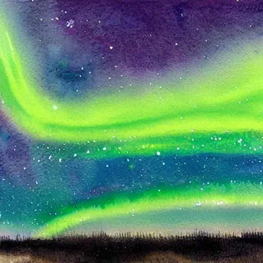 Prompt: an impressionist watercolor painting of a meteor shower through the Northern Lights in the night sky