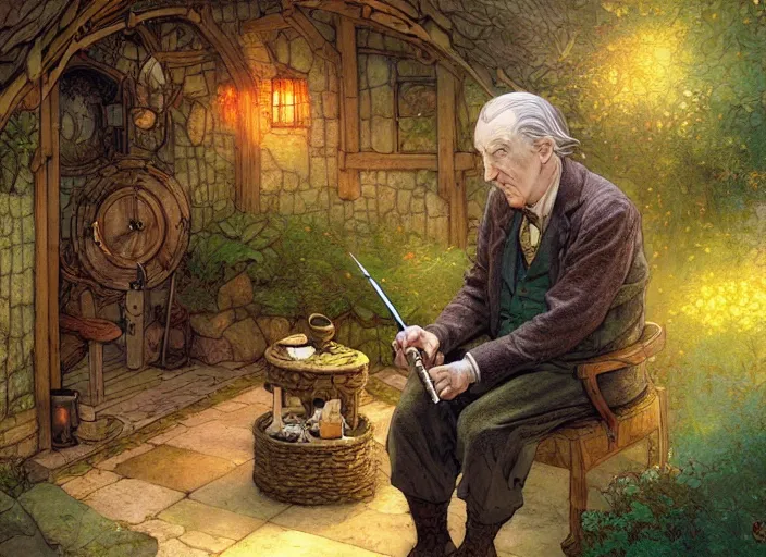 Prompt: portrait of jrr tolkien smoking a pipe in a hobbit house - art, by wlop, james jean, victo ngai! muted colors, very detailed, art fantasy by craig mullins, thomas kinkade cfg _ scale 8