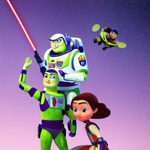 Image similar to rey skywalker and buzz lightyear holding hands