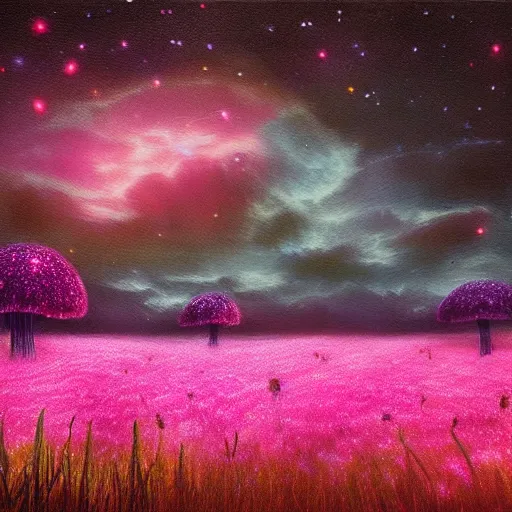 Image similar to field of luminescent pink and blue mycena fungi, emitting spore clouds, midnight, moonlight, fantasy art, mysterious, magical, hyperrealistic, detailed, soft lighting, fireflies