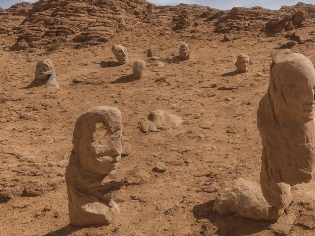 Image similar to levitating bene gesserit rock statue with full - face golden mask in a dry rocky desert landscape, visible sky and sunny atmosphere, fata morgana and giant square mirrors by alejandro jodorowsky, anamorphic lens, kodakchrome, practical effects, masterpiece, 8 k