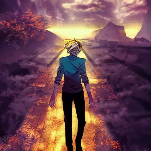 Prompt: manga cover of a shattered young prince, running to the horizon for a brand new start, golden rays of sunlight, cyberpunk, horrific, manga, anime, dark vibes, matte painting