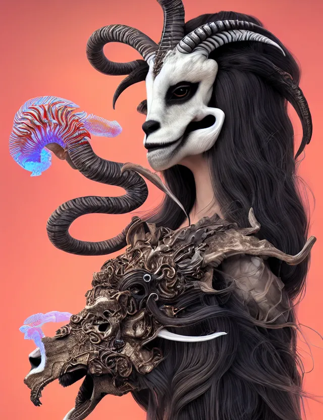 Image similar to 3 d goddess goat skull half - turn portrait with long hair with ram skull. beautiful intricately detailed japanese crow kitsune mask and clasical japanese kimono. betta fish, jellyfish phoenix, bio luminescent, plasma, ice, water, wind, creature, artwork by tooth wu and wlop and beeple and greg rutkowski