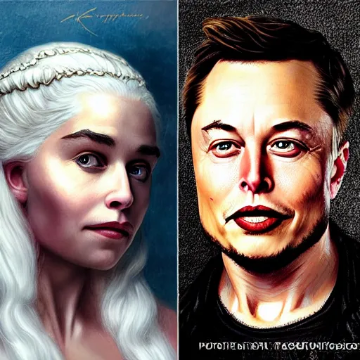 Prompt: elon musk as daenerys targaryen, portrait in the style of konstantin razumov, extremely detailed