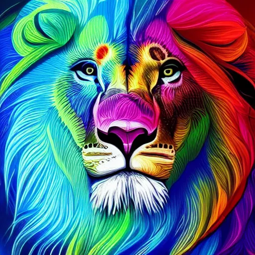 Image similar to a technicolor portrait of a lion in geometric kaleidoscopic colors trending on artstation 4 k intricate extremely detailed digital art