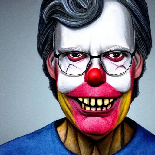 Image similar to a portrait of stephen king with clown makeup on