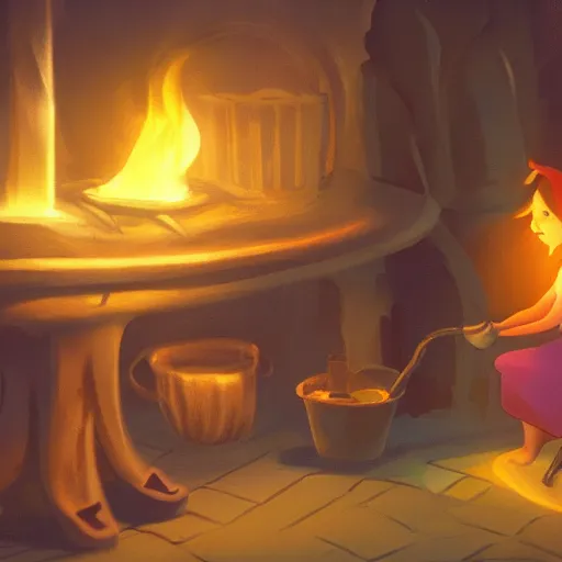 Image similar to a witch adding ingredients to her cauldron, concept art, ambient lighting lit only by the fires glow