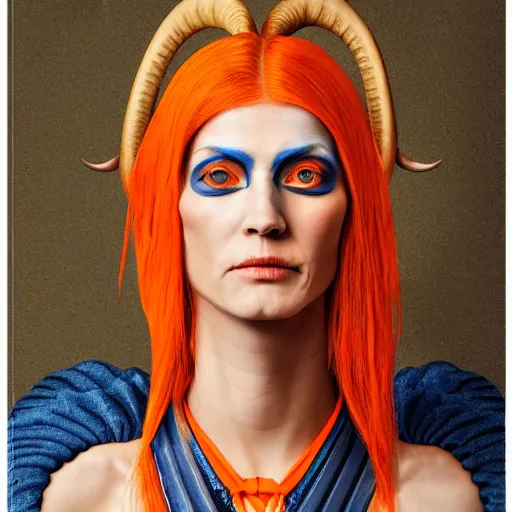 Image similar to illustrated portrait of skinny prominently ram-horned woman with orange skin and blue hair wearing leather armor, hyper detailed, photorealistic