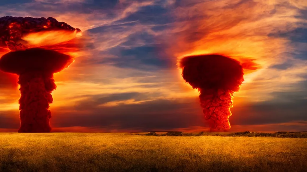 Image similar to movie still of a nuclear explosion, sunset, golden hour, dramatic