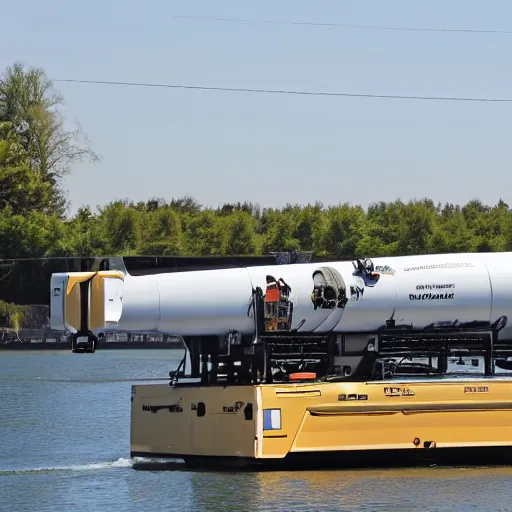 Image similar to mini navy submarine being transported on the back of a trailer