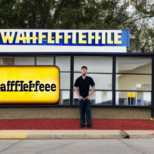 Prompt: wafflehouse employee's standing below wafflehouse sign