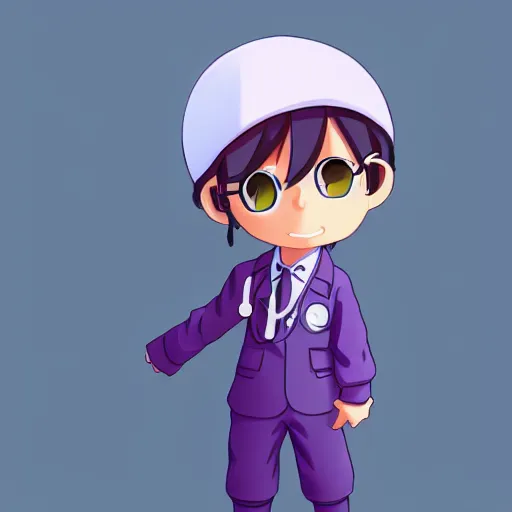 Prompt: cute little boy wearing an doctor suit, purple color palette, inspired in made in abyss and hirohiko araki, ray tracing, featured in pixiv