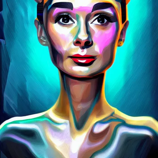 Prompt: portrait of audrey hepburn as a robot highly detailed digital painting art station cyberpunk