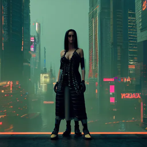 Image similar to a futuristic still of cyberpunk monalisa in a cyberpunk city, 8k, trending on artstation, highly detailed, 3d octane render