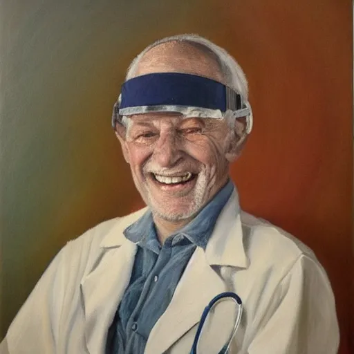 Image similar to a painting of a smiling old man wearing medical appliances