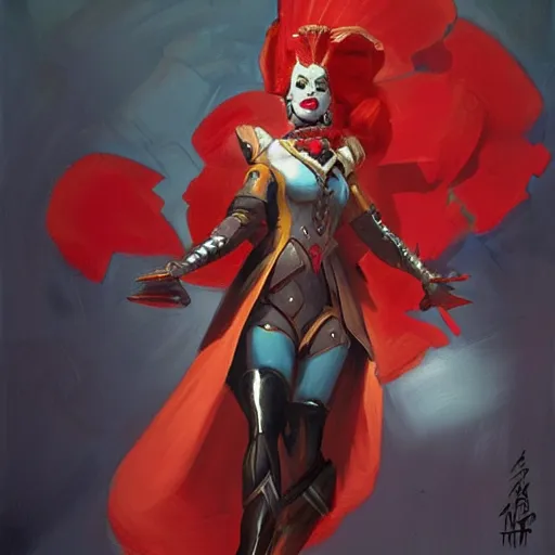 Image similar to greg manchess portrait painting of partially armored red queen from alice in wonderland as overwatch character, medium shot, asymmetrical, profile picture, organic painting, sunny day, matte painting, bold shapes, hard edges, street art, trending on artstation, by huang guangjian, gil elvgren, ruan jia, randy vargas, greg rutkowski