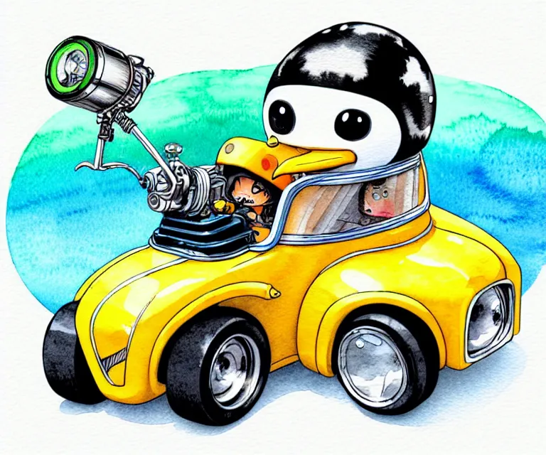 Image similar to cute and funny, penguin wearing a helmet riding in a tiny hot rod with an oversized engine, ratfink style by ed roth, centered award winning watercolor pen illustration, isometric illustration by chihiro iwasaki, edited by range murata, tiny details by artgerm and watercolor girl, symmetrically isometrically centered, sharply focused