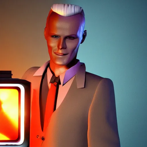 Image similar to a hyperrealistic 3 d render of max headroom 2 0 2 2 on a vintage tv, octane render, unreal engine, 8 k, trending on cgsociety, volumetric lighting, dramatic lighting, lasers, neon